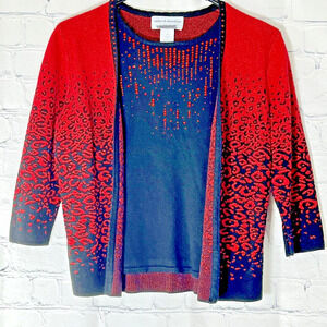 Alfred Dunner Womens Size P M Sweater Black Red Beaded Sparkle 3/4 Sleeves